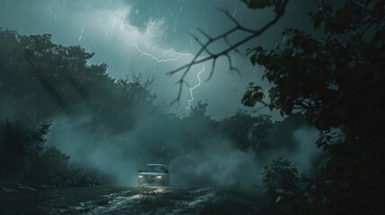 Fototapeta premium Car driving on rainy road