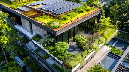 Modern green roof adorned with vibrant plants, complemented by strategically positioned solar panels for energy efficiency, creating a beautiful contrast
