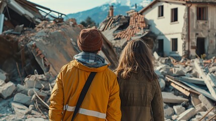 Fototapeta premium Unhappy people look at the destroyed house after the earthquake disaster. Despair and tragedy