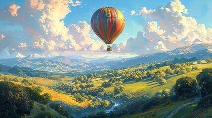 Fototapeta premium Hot air balloon flying over a mountain valley.