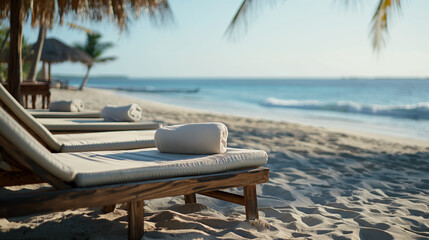 Comfortable beach lounger under a thatched umbrella with a view of the ocean