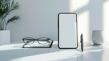 Modern Office Desk with Smartphone, Glasses, and Notepad