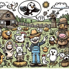 Fototapeta premium Doodle art cartoon of animals and a farmer