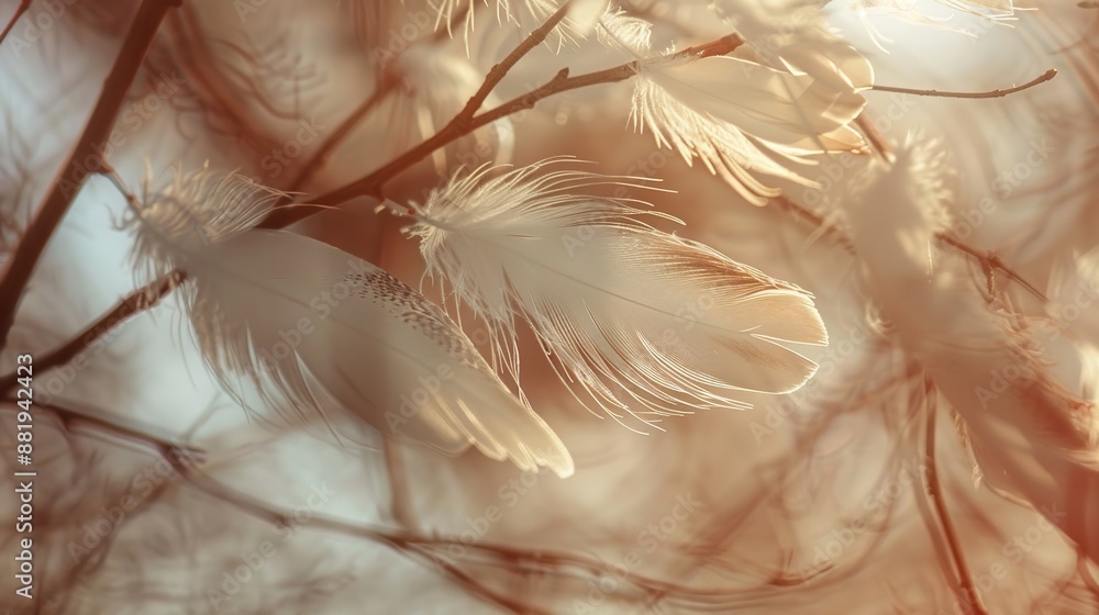 Poster tranquil macro view of delicate bird feathers amongst tree branches