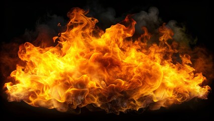 Intense, high-definition, orange-yellow flames engulfing darkness, thick smoke billowing outward, isolated on black, ideal for dramatic video backgrounds.