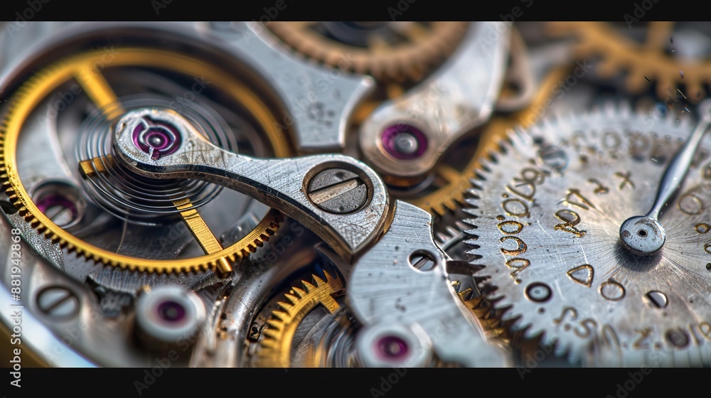 Poster precision in motion: close-up macro shot of intricate mechanical watch gears and shiny metal surface