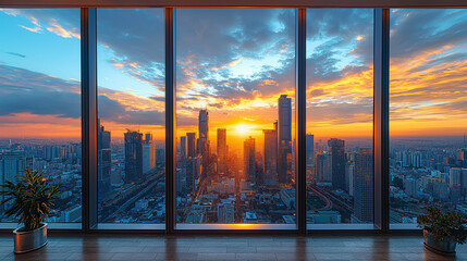 Fototapeta premium A telephoto angle photo of a vibrant city skyline at sunset, with skyscrapers glowing in the fading light, seen from a modern apartment window, with copy space