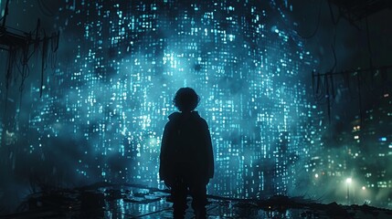 walking in a futuristic world, controlled by computers, dark colors, dark and moody, cinematic extreme closeup