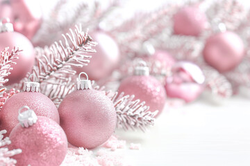 Obraz premium Christmas decoration with pink baubles on white background