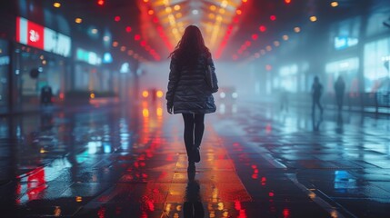 Fototapeta premium walking in a futuristic world, controlled by computers, dark colors, dark and moody, cinematic extreme closeup