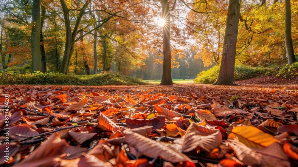 Poster sunlit autumn forest scene with colorful fallen leaves covering the ground, creating a warm and tran