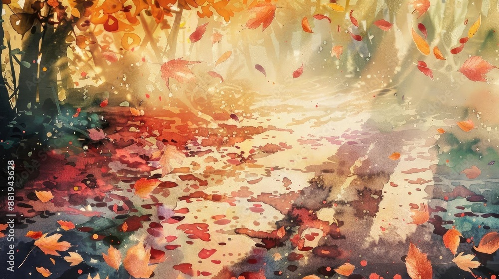 Poster enchanting autumn forest scene with vibrant fall foliage and sunlight streaming through trees, creat