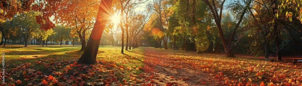 Poster serene autumn landscape with golden sunlight filtering through trees, illuminating colorful fallen l