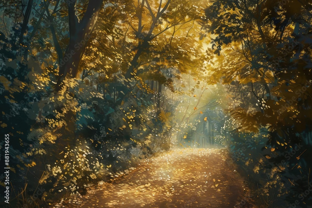 Poster sunlit forest path with golden autumn foliage, creating a serene and peaceful atmosphere in the hear
