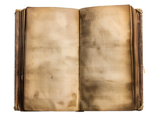 Top view of an old open book on a transparent background. AI generated