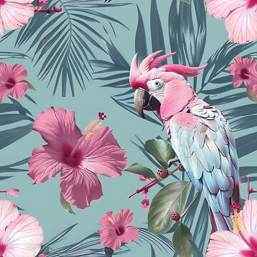 Cockatoo Tropical parrot  vintage palm leaves seamless pattern with hibiscus flower.