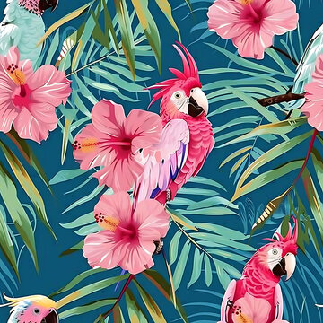 Cockatoo Tropical parrot  vintage palm leaves seamless pattern with hibiscus flower.