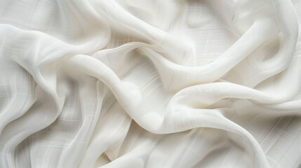 Elegant white fabric with soft, flowing folds and subtle texture, creating a minimalist and sophisticated background perfect for fashion, home decor, or textile design presentations.