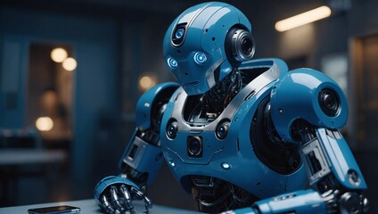 Fototapeta premium A robot is holding a box and walking down a street. The robot is white and has a box in its hand. The scene is set in a city at night, with lights illuminating the area 