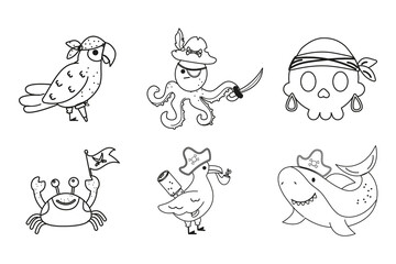 Collection of pirate characters octopus parrot shark crab skull outline