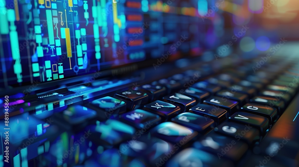 Poster tech finance insights: close-up of computer keyboard displaying financial news analysis