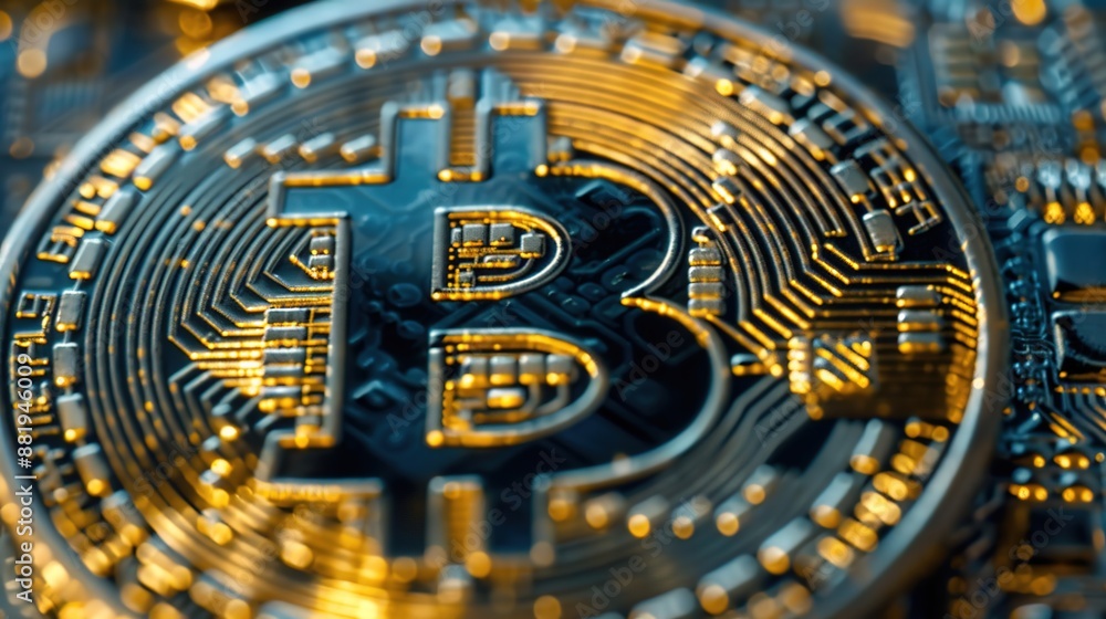 Poster futuristic bitcoin concept: detailed macro shot of shiny cryptocurrency with digital patterns