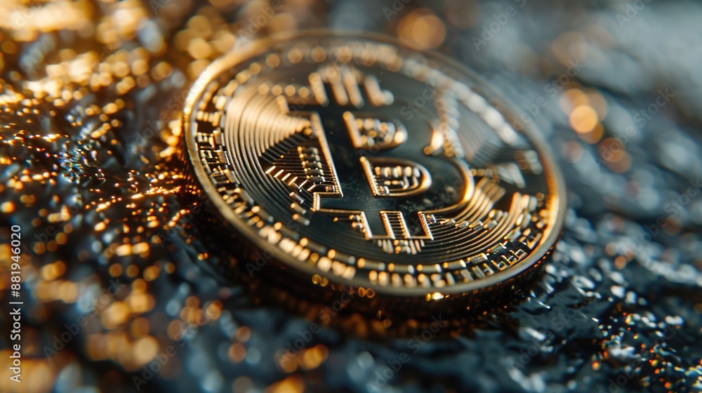 Poster glowing metallic bitcoin macro shot with digital patterns symbolizing cryptocurrency