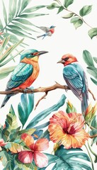 Two birds are perched on a branch in a lush green forest