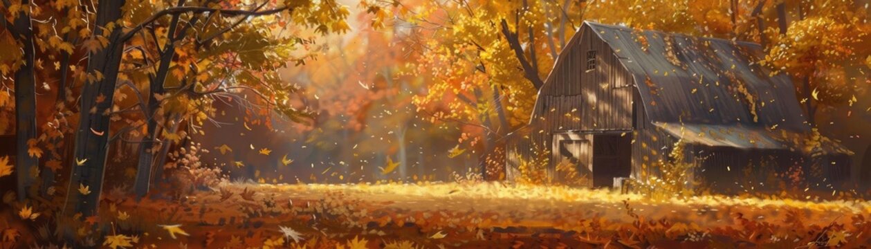 Rustic barn surrounded by vibrant fall foliage with sun rays filtering through the trees, capturing the essence of autumn tranquility.