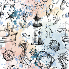 Nautical seamless pattern with marine underwater animals, a lighthouse and a boat. Illustration of graphic line art in black and white, hand drawn. For the textile, fabric, wallpaper, wrapping paper © NATASHA-CHU