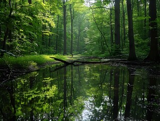 Fototapeta premium Serene Forest Landscape with Tranquil Overturned Reflection in Calm Pond and Sunlit Foliage