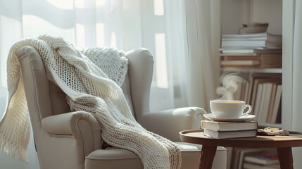 Cozy Reading Nook with Hot Coffee and Blanket