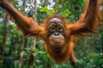 A Tapanuli orangutan swinging from vine to vine in a Sumatran jungle, its distinctive reddish fur and long arms creating a striking image. 