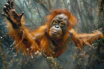 Obraz premium A Tapanuli orangutan swinging from vine to vine in a Sumatran jungle, its distinctive reddish fur and long arms creating a striking image. 