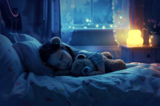 A peaceful night in a cozy bedroom. A little girl sleeps soundly with her teddy bear. The room is lit by a warm nightlight. Beautiful dreamy artwork of sleep and comfort. Generative AI