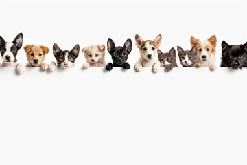 A group of puppies and kittens with paws raised peek over a white background, looking directly at the viewer. Generative AI