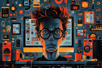A boy with glasses and messy hair is staring at a computer monitor