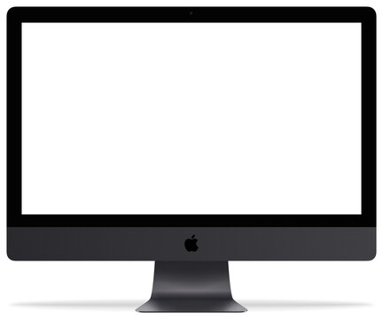 Realistic mockup of the new iMac pro 27 inch blank screen monoblock personal made by Apple Computers, transparent PNG screen, dark black color isolated white background. iMac with shadow