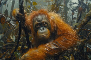 Obraz premium A Tapanuli orangutan swinging from vine to vine in a Sumatran jungle, its distinctive reddish fur and long arms creating a striking image. 