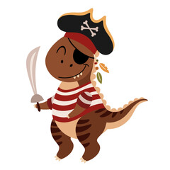 Pirate clipart. Pirate dinosaur clipart. Dinosaur in cartoon flat style. Hand drawn vector illustration.