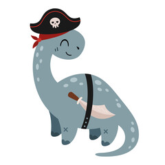 Pirate clipart. Pirate dinosaur clipart. Dinosaur in cartoon flat style. Hand drawn vector illustration.