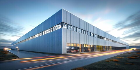 Obraz premium Modern White Warehouse Building with Light Gray Metal Accents, Surrounded by Green Grass and Concrete Roads in an Industrial Area