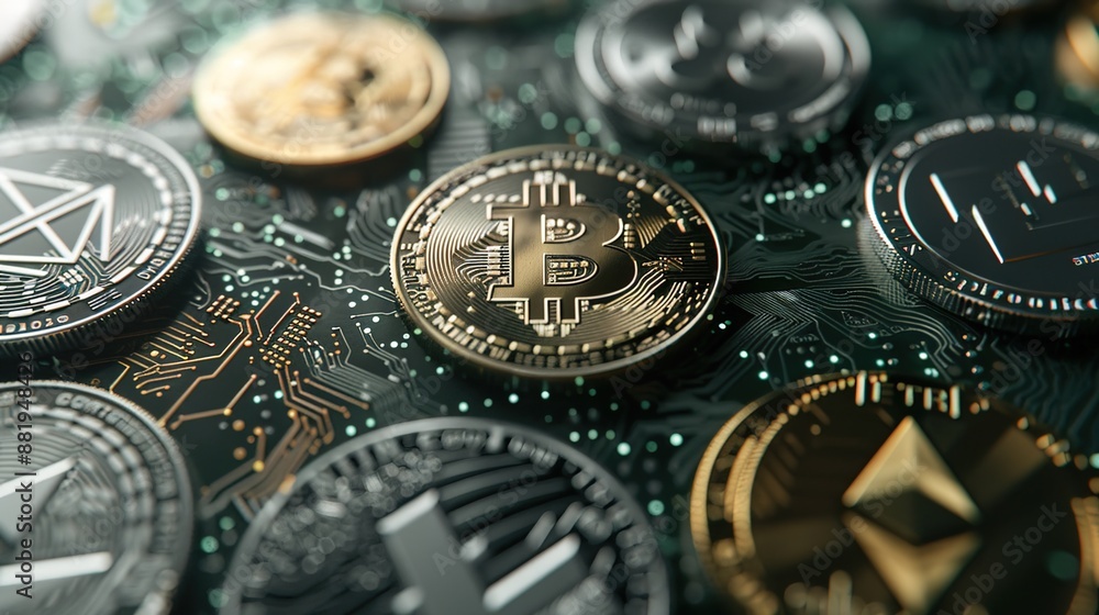 Poster macro view of digital cryptocurrency token on white background