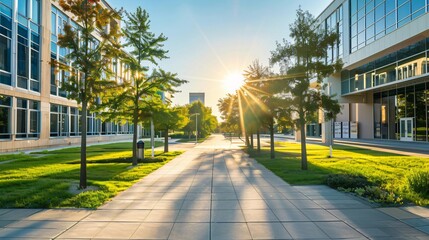 A university campus with a clean, modern design and open spaces