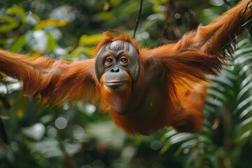 Obraz premium A Tapanuli orangutan swinging from vine to vine in a Sumatran jungle, its distinctive reddish fur and long arms creating a striking image. 
