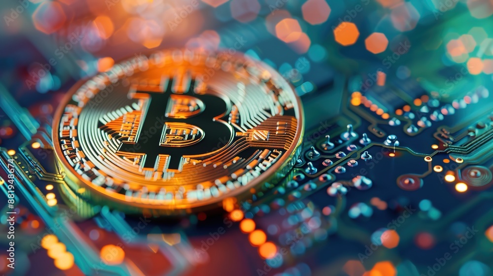 Poster cryptocurrency blockchain market in high contrast - macro lens perspective capturing digital transac