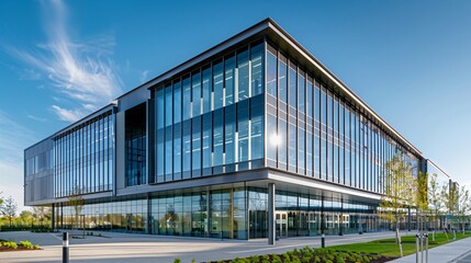 Obraz premium An office building with a minimalist design, using glass and steel for a modern look