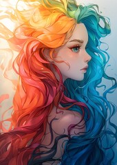 A woman with long, colorful hair is the main focus of the image