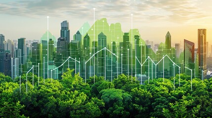Green city skyline with line graph and forest.