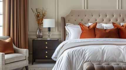 Luxurious Bedroom Interior with White Bedding and Orange Pillows